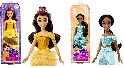 Disney Prinzessin-Spielzeug, bewegliche Belle-Modepuppe mit glitzernder Kleidung und Accessoires & Disney Prinzessin-Spielzeug, bewegliche Jasmin-Modepuppe mit glitzernder Kleidung und Accessoires