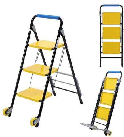 TOPWAY Escalera con Ruedas de Acero de 3 Peldaños 2 en 1 Carretilla con Carretilla Carretillas Escalera de Tijera Multiusos Capacidad de Carga de 150KG para El Hogar Oficina Bricolaje Jardinería