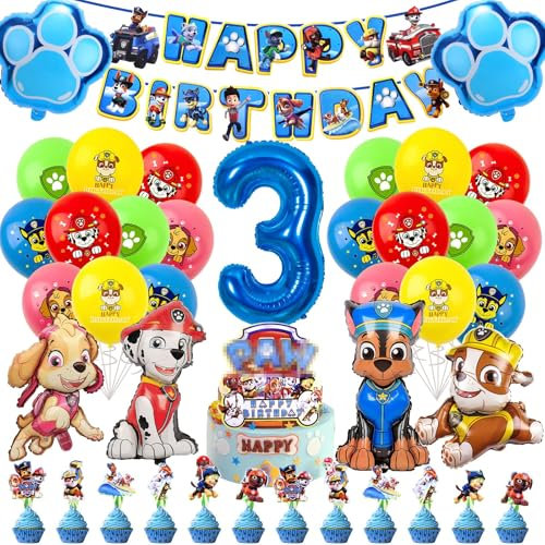 Paw Luftballon Geburtstag Deko 3 Jahre Jungen Mädchen -Hund Patrol Geburtstagsdeko 3 Jahr Ballon Deko 3. Geburtstag Folienballons Happy Birthday Girlande Cake Topper für Kindergeburtstag Party Deko