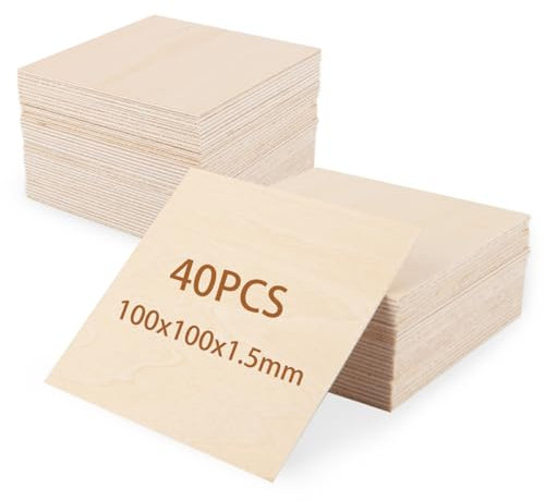 MUXHEL Set di 40 pannelli in legno di tiglio, 1,5 mm, 100 x 100 mm, pannelli in legno per bricolage, compensato per progetti laser, modelli fai da te, arte e artigianato, pittura