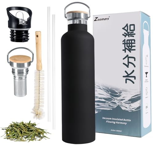 Zoomers Gourde Isotherme 1L en Acier Inox avec Paille. Bouteille Isotherme 1L avec 2 Bouchons + Infuseur à Thé + Brosse sans BPA. Thermos Isotherme 1 L pour Sport,Bureau,Randonnée