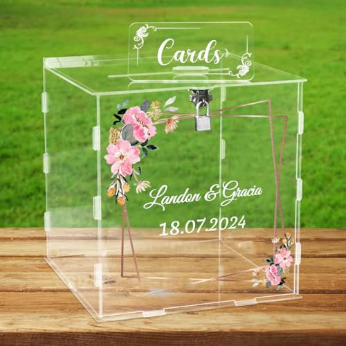Wxexopowk Hochzeit Kartenbox aus Acryl Hochzeitsbox Geschenkkarten, Individuelle Namen, Groß Klar DIY Geschenkkartenboxen Briefbox mit Schloss Schlitz Für Hochzeit, Geburtstagsfeier,Jubiläum Babyparty