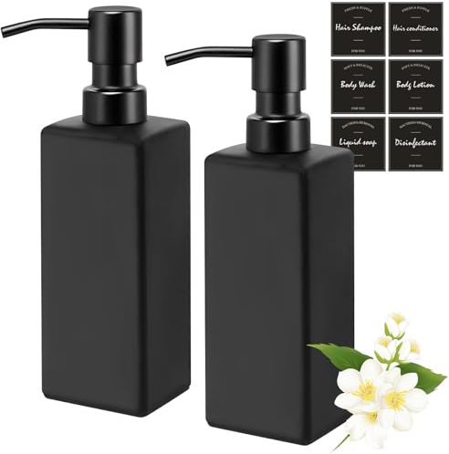 Black Soap Dispensers - 2Pcs 350ml Glass Shampoo & Conditioner Dispenser Square Hand Soap Dispenser with Stainless Steel Pump & Stickers Refillable Shower/Dish Soap Bottle for Kitchen Bathroom Laundry