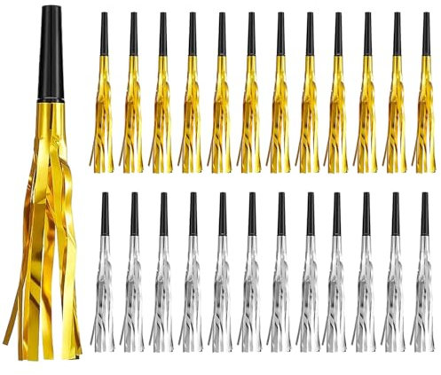 IHLOOTD Silbatos de Soplado de Fiesta, 24 PCS Generadores de Ruido Fiestas con Flecos Metálicos Artículos,Sopladores de Fiesta para Niños Cumpleaños Baby Shower Navidad Año Nuevo (Oro Plata)