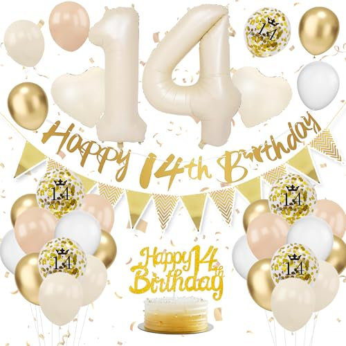 14. Geburtstag Deko Beige, Luftballon Deko 14. Geburtstag Junge Mädchen, Geburtstagsdeko 14 Jahr, Beige Weiß Gold Luftballons 14 Geburtstag mit Banner Geburtstag Tortendeko für Geburtstag Dekoration