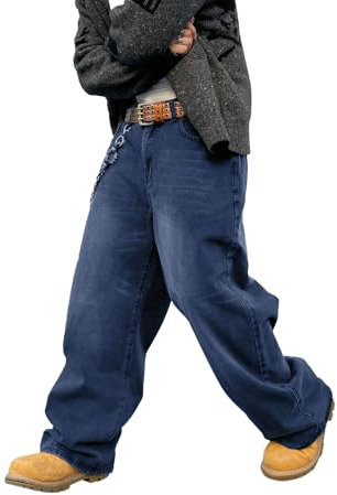 Zewool Herren Baggy Hip Hop Jeans Weite Beinform Skater Jeans Lässige Lockere Passform Denim-Hosen Streetwear Gerade Entspannte Passform Y2K Extreme Bewegungsfreiheit Skateboard,B10 Blau,XS