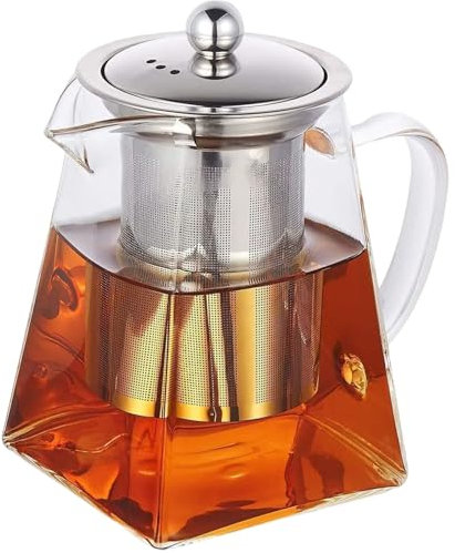 Tetera de vidrio transparente, tetera cuadrada de 550 ml con infusor, infusor de té resistente al calor con tapa y mango, té fácil de para hoja suelta, estufa, con teteras de vidrio