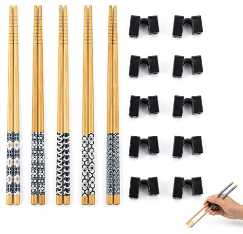 DAQUN 5 Pairs Easy Chopsticks with 10 Chopsticks Aids, Black Hinge Trainer, Wooden Cutlery, Reusable Helpers, for Elderly Grip Aid