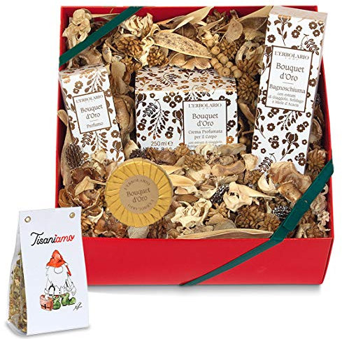L' Erbolario - Bouquet d' Oro - Confezione regalo in scatola originale (bagnoschiuma, crema corpo, profumo, sapone) + in OMAGGIO Saponetta vegetale Florinda da 50 gr