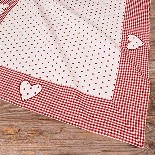 Tischdecke LISE rot kariert, Bordüre Punkte & Herz - Großes Tischtuch Landhausstil 70 x 70 cm Tischdeko quadratisch - Waschbare Mitteldecke aus 70 % Baumwolle, als moderne Esstischdeko, Hochzeitsdeko