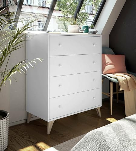 Dmora - Commode Denver, commode 4 tiroirs, Commode pour la chambre, Commode moderne, 78x40h95 cm, Blanc