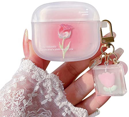 PHOEACC Süße Airpod Gen 3 Hülle (nicht passend für Airpod Pro), romantische Rosenblume mit Schlüsselanhänger, Schutzhülle, kompatibel mit AirPods 3. Generation Hülle für Mädchen und Frauen (Rosa)