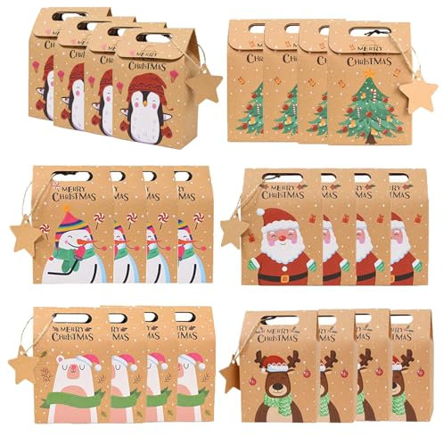 Weihnachtskraft Geschenktüten, ZoneYan 24 Stück Plätzchen Schachteln Weihnachten Geschenkboxen, Weihnachten Geschenktüten, Weihnachten Kraftpapier Süßigkeitskästen, Geschenk Papiertüten Weihnachten