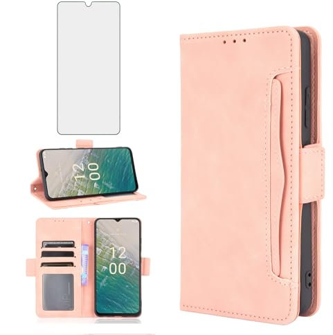 Asuwish Compatible with Nokia C32 Wallet Case and Tempered Glass Screen Protector Card Holder Stand Leather Flip Cell Accessories Phone Cover for NokiaC32 C 32 Women Men Rose Gold