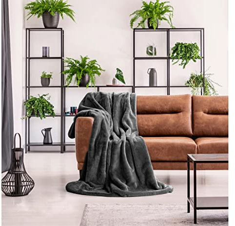 BALOU LIVING Kuscheldecke Felloptik 150x200 cm - kuschelige Kunstfelldecke - Felldecke Imitat Tagesdecke Wohndecke, Modell Polarfuchs, anthrazit
