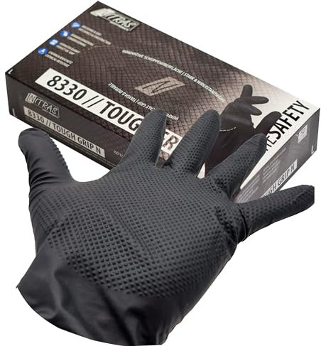 Tiga-Med Guanti monouso TOUGH GRIP | 50/250/500/1000 pezzi | guanti monouso extra forti | guanti in nitrile | guanti da lavoro per officina, giardino, laboratorio e montaggio | 50 pezzi/scatola (50 l)