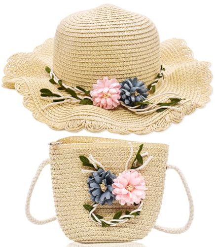 BZQCPLX Straw Hat and Bag Set,Girls Straw Hat and Mini Straw Cross Body Bag,Girls Sun Hat Summer Beach Straw Hats and Mini Cute Purse Sets for Holiday Outdoor Activities Off-White