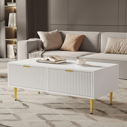 KOMHTOM Table basse blanche avec espace de rangement - Petite table de salon - Buffet avec tiroirs - Blanc