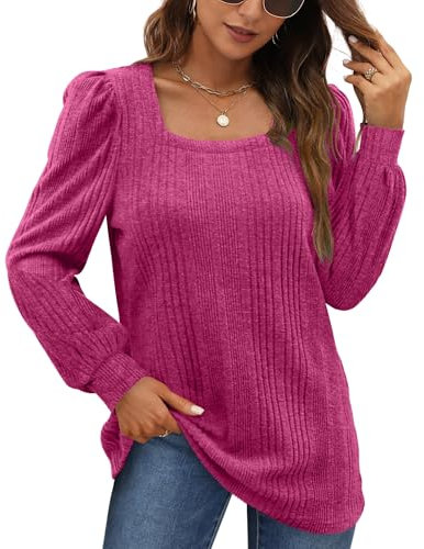 WIHOLL Pullover Damen Puffärmel Strickpullover Damen Quadratischer Hals Langarmshirt Top Damen Tunika Lässiger Oberteile Damen für Herbst Winter Rose L