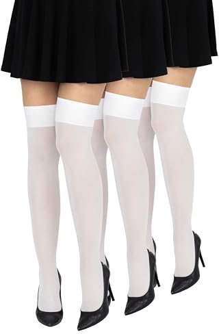 looksy Calzini sopra il ginocchio da donna alti al ginocchio lunghi tinta unita per ragazze scuola cosplay uniforme calze 60 den, Bianco - 3 paia, Taglia unica