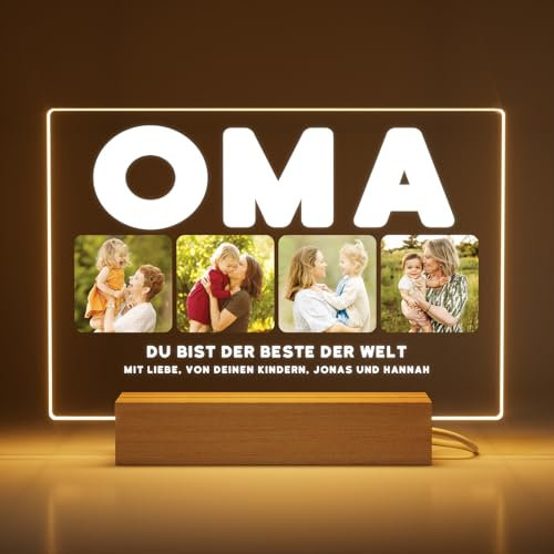 Greatminer Personalisierte Lampe mit Foto und Widmung - Geschenke für Oma - Geburtstagsgeschenk Oma - Acrylglas 18x14 cm mit optionalem LED-Sockel