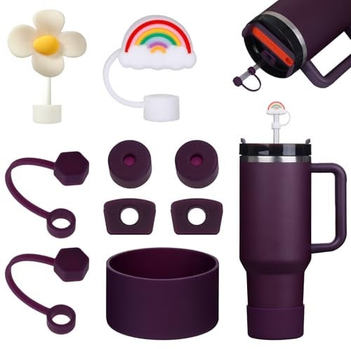 FOSFUKEER Juego de accesorios Stanley Cup, incluye 6 tapones de silicona a prueba de fugas, 2 tapas de paja, 1 funda de silicona para vasos Stanley de 1,2 l y 850 ml, tazas no incluidas (ciruela)