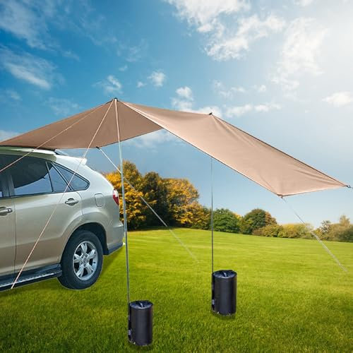 Auvent de voiture imperméable et anti-UV - Pour camping-car, SUV et caravane - Avec 2 sacs d'eau portables - Portable - Kaki - 300 x 200 cm