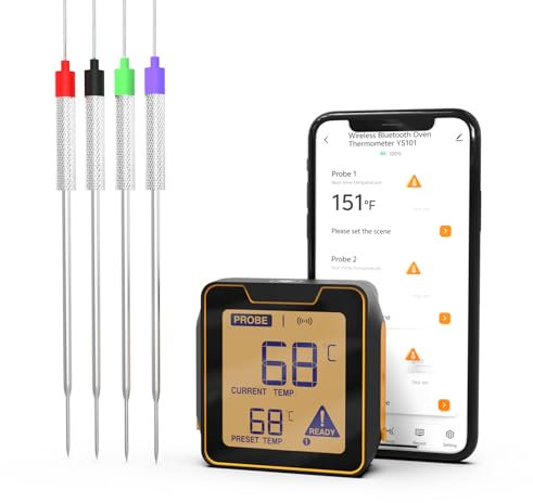Thlevel Bratenthermometer Ofenthermometer Fleischthermometer Grillthermometer Digitales mit 4 Sonden Unterstützt Handy Bluetooth 5.0 bis zu 100m für Küchenthermometer