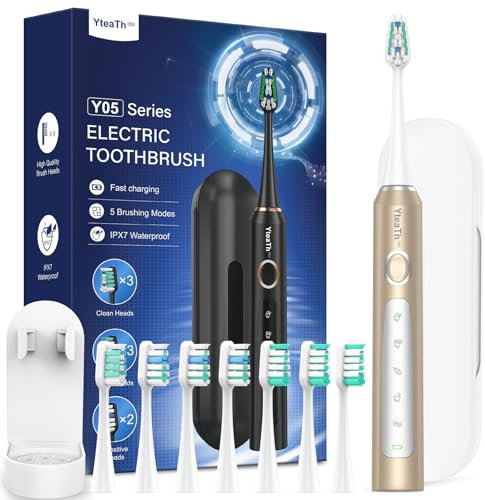 Brosse À Dent Électrique Soniques pour Voyage - Brosse A Dent Adultes Enfant avec 8 Têtes et Étui de Voyage, 5 Modes, Étanche IPX7, Brosses À Dents ultrasoniques, Or Givré