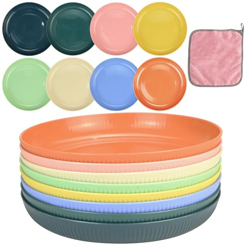 8 Pcs Unbreakable Dinner Plates Set, 9 Inches Reusable Plastic Dinner Plates with Cleaning Cloth, 8 Colors Aldult Plates, Microwave and Dishwasher Safe for Salad, Pasta, Party, Home and Office,Gift