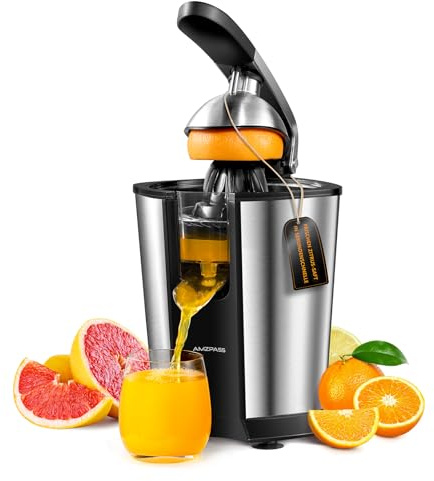 Amzpass Elektrischer Zitruspresse, Zitrusentsafter mit 2 Aufsätzen und Soft-Griff für müheloses Entsaften, Geräuscharmer Edelstahl-Entsafter für Limette, Grapefruit & Zitrone, Schwarz
