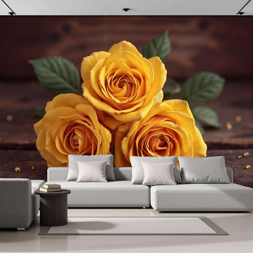 Fototapete Holztisch Mit Gelben Rosen 250×175 Cm, Realistischer Stil Seide Tapeten Wohnzimmer Tv Hintergrund Wandtapete Poster Bilder Wand Deko,Braun
