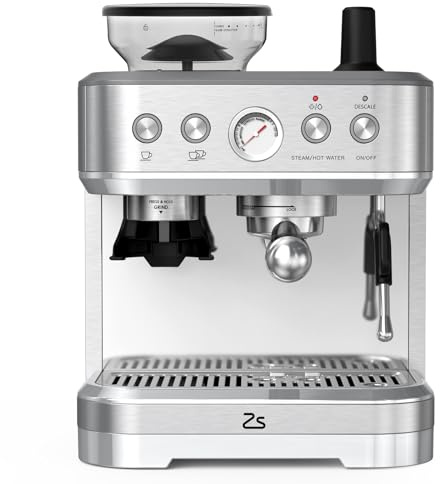 Zstar Machine à Café Grain avec Broyeur Intégré, Machine Expresso 15 Bars Pompe Italienne, Cafetière Inox avec Buse Vapeur et Manomètre, PID, Réservoir 2.5L pour Cappuccino et Latte