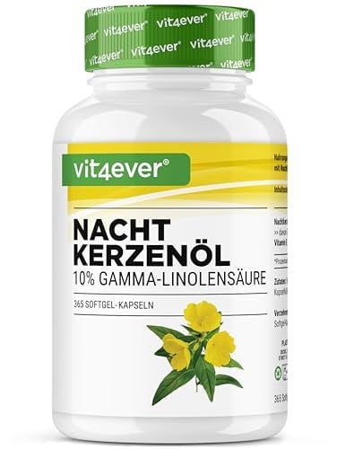 Nachtkerzenöl - 365 Kapseln - Hochdosiert mit 2000 mg je Tagesdosis - Premium: 10% Gamma-Linolensäure GLA, mit natürlichem Vitamin E & kaltgepresst - Laborgeprüft