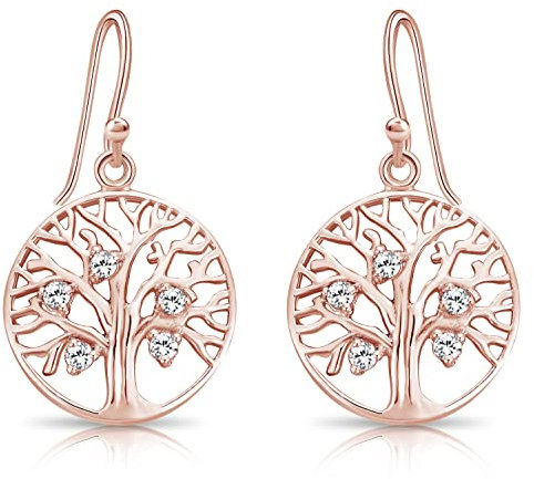 DTPsilver® Boucles d'oreilles en Argent Fin 925 et Plaqué Or Rose - Arbre de Vie Ajouré et Oxyde de Zirconium - Longueur: 32 mm - Diamètre: 17 mm