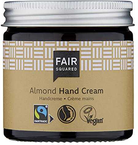 FAIR SQUARED Hand Creme Mandel 50 ml - Handpflege für trockene Haut mit Fairtrade-Mandelöl - vegane Naturkosmetik - Zero Waste im Mehrweg-Glastiegel