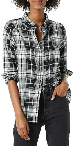 Amazon Essentials Chemise en Flanelle à Carreaux Légère, Manches Longues, Coupe Classique Femme, Blanc Noir Grand Plaid, XL
