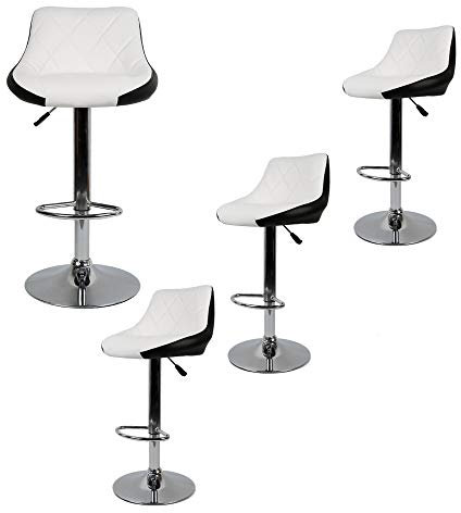 Drumm Chaises de Bar,Tabourets Hauts en PU Lot de 4,Hauteur Réglable,Rotatif sur 360°,Tabouret de Bar avec Dossier et Repose-Pieds,Pied Chromé,Blanc+Noir-4