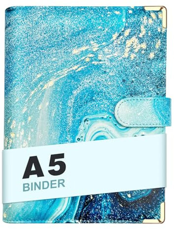 A5 nachfüllbarer 6-Ring-Kunstleder-Budget-Ordner, Mini-Notizbuch-Einband für A5-Füllpapier, lose Blätter, persönlicher Planer-Einband mit Magnetverschluss (Marmorblau)