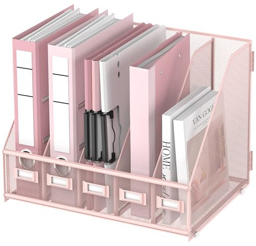 DALTACK Desk Organizers Metal Magazine File Holder with 5 Vertical Compartments Folder Storage Binder Organizer for Office Home School Organization, Pink Plus