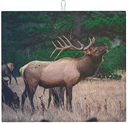 Dish Drying Mat 41x46cm, Elk Wild Deer Animal Dish Drainer Mat with Hanging Loop Rack Pads for Sink Non-Slip Dish Dryer Pad, for Beer Glass, Cup Pan, Table