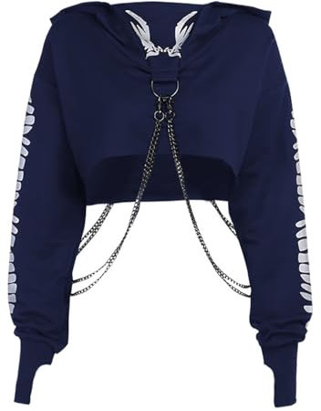 Y2k Gothic Hoodies for Women Hooded Long Sleeve Crop Tops Halloween Printing Sweatshirt with Chain Blue M