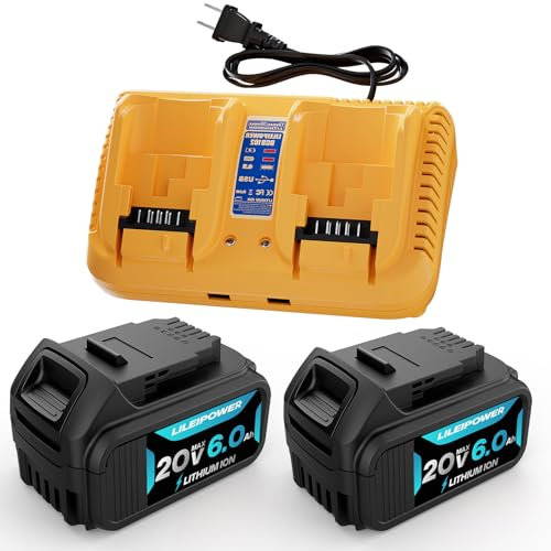 LILEIPOWER 2Pack 6.0Ah Battery Replacement for Dewalt 20v Max Battery and DCB102 Battery Charger Combo, Comaptible with Dewalt DCD DCF DCG Series Cordless Power Tools and 12V/20V Battery Charger