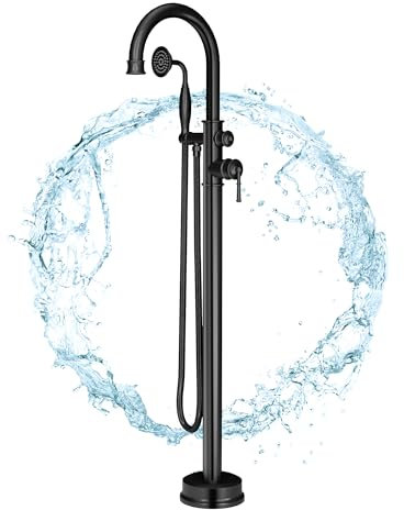 Freestanding Bathtub Tap, Black Tall Bathroom Bath Tap, Thermostatic Shower Mixer Tap Set, Handheld Shower Head with Flexile Hose, 2 Water Outlets, Floor Mounted