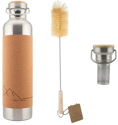 Salty Mind Edelstahl Trinkflasche 1000ml + Teesieb + Flaschenbürste - Nachhaltige, isolierte Thermo Wasserflasche Edelstahl auslaufsicher - Iso Flasche, BPA frei - Thermotrinkflasche (Berge-Gravur)
