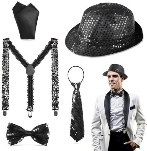 5 Stück Disco Glitzer Accessoires Herren Pailletten Hosenträger Kostüm Set mit Glitzer Hut Fliege Krawatte Hosenträger Einstecktuch,Glitzer Outfit Accessoires Herren für Karneval Fasching Jazz Dance