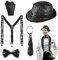 5 Stück Disco Glitzer Accessoires Herren Pailletten Hosenträger Kostüm Set mit Glitzer Hut Fliege Krawatte Hosenträger Einstecktuch,Glitzer Outfit Accessoires Herren für Karneval Fasching Jazz Dance