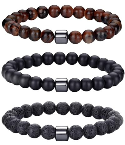 SNONESIY 3 Stück Armband Herren Perlen,8mm Herren Perlenarmband,Perlen Armband Herren,Tigerauge Armband Herren,Verstellbares Schwarzes Kristall-Perlenarmband,für Vater Freund Bruder