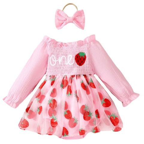 UUAISSO Tenues pour Bébé Fille Le Ler Anniversaire Barboteuse Cake Smash Robe Sans Manches Ensemble Avec Broderie Body et Bandeau Rose fraise 12-18 mois