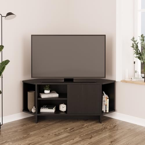 Bimossa Teo Corner TV Stand – Space-Saving TV Unit for 43–48'' TVs, Compact Media Console with Open Shelves & Cabinet, Ready to Assemble, Available in 5 Colours (Black)
